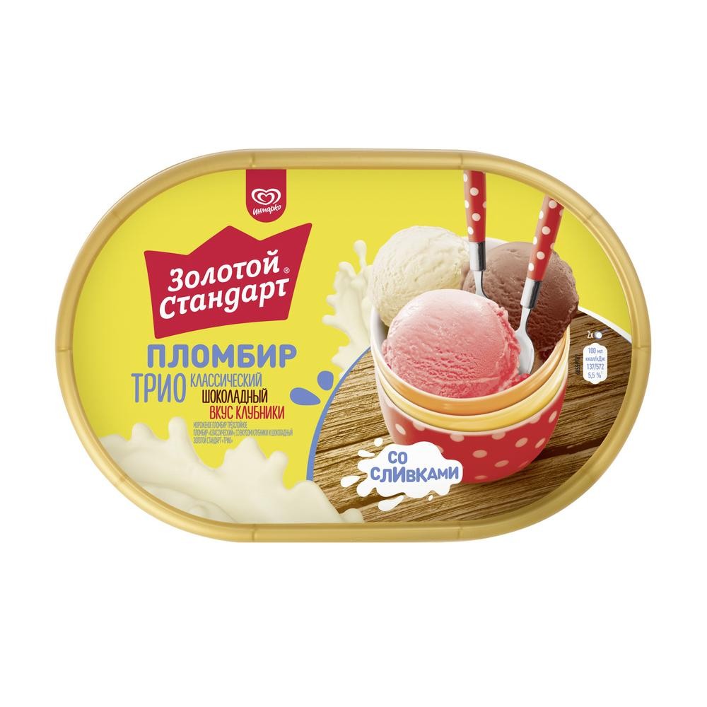 Золотой Стандарт мороженое пломбир в контейнере Трио Шоколад-Вкус сливок-Вкус клубники 475 гр