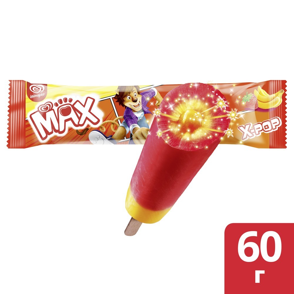 MAX X-Pop мороженое эскимо фруктовый лед Клубника-банан с взрывной карамелью 60 гр